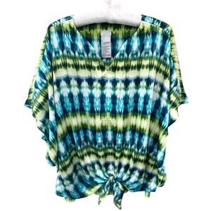 CHICO’S Abstract Tie-Dye Top Blue Green Print Drawstring Hem | Size 0 Small